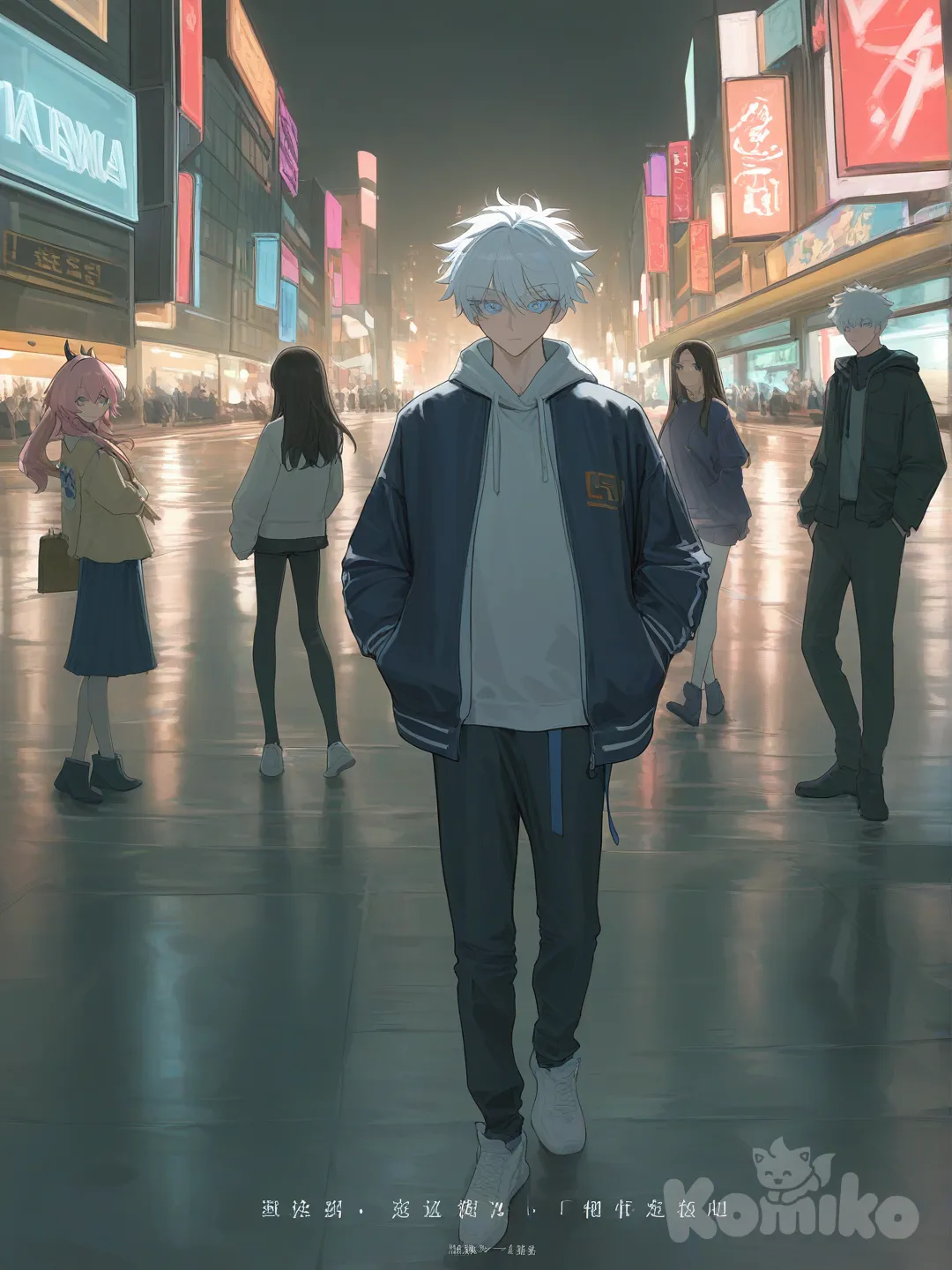 [vibrant-anime-style], hands in pockets, full body, city lights, 1boy, 1girl, 2people, 2girls, 2boys, Gojou Satoru, Eren Yeager, March 7Th (Honkai:Star Rail), M4 Sopmod Ii (Girls' Frontline), Sona (League Of Legends), Killua Zoldyck shioma,komiko.gojo et tanjiro
