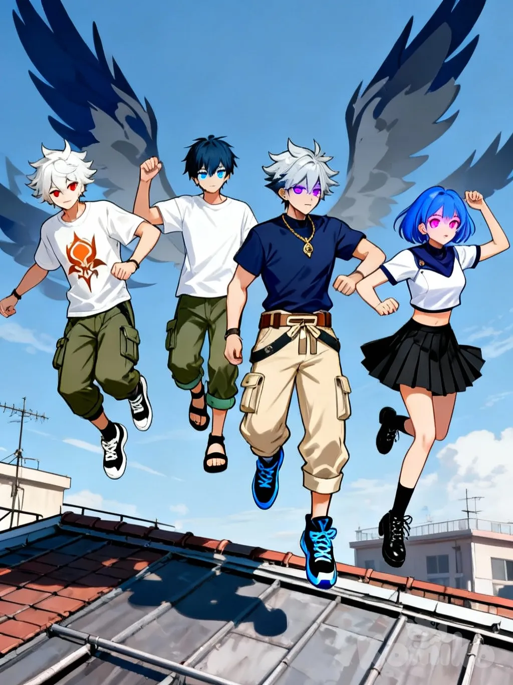 1boy, 1girl, 2people, <tanjiro-Jcvu>, <brown-black-FPjr>, <shioma-Fahx>, <komiko-life-F4dm>, Yae Miko, Gojou Satoru, jumping from rooftop, t-shirt, full body, anime coloring