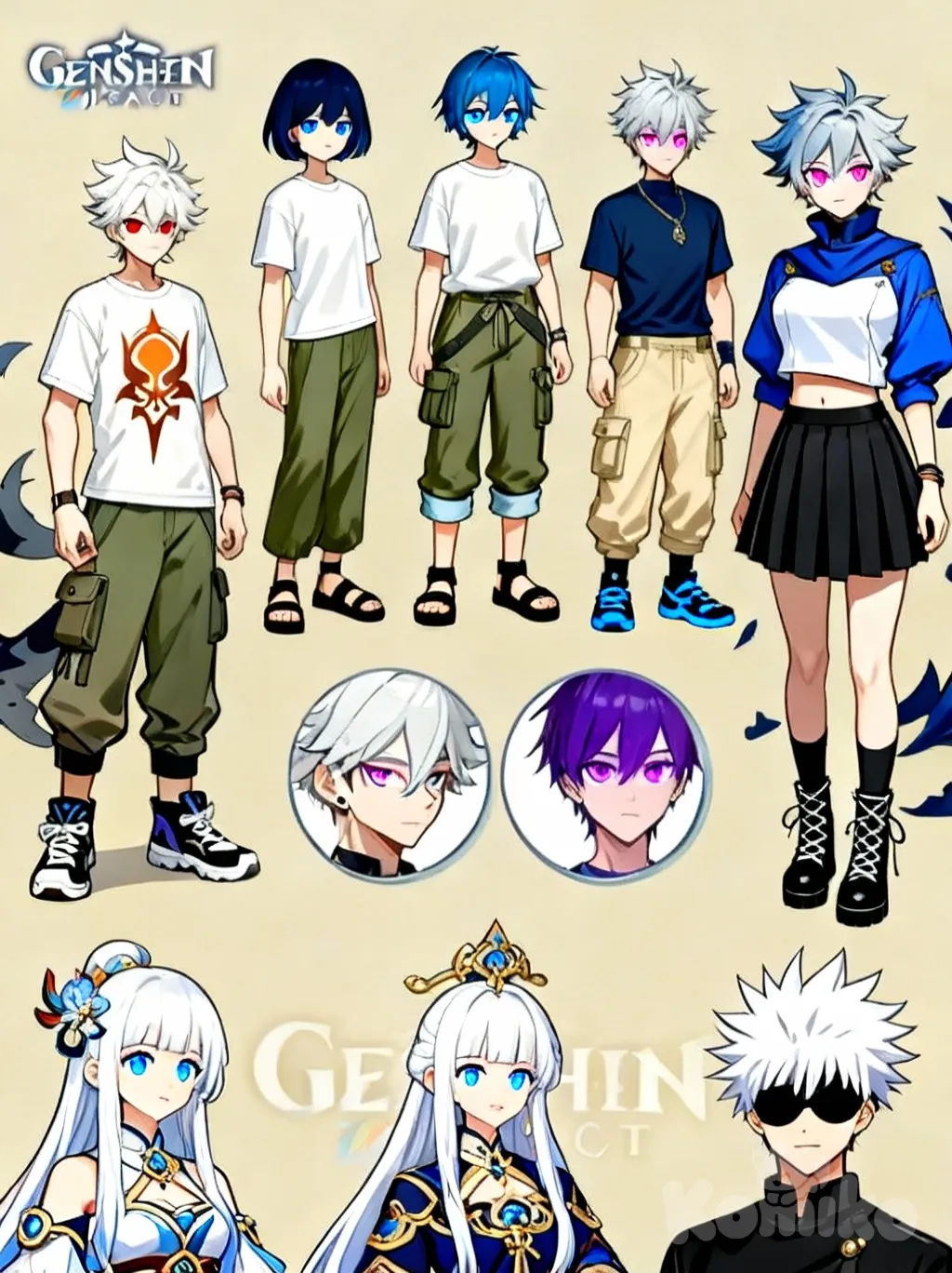 1boy, 1girl, 2people, 2boys, <tanjiro-Jcvu>, <brown-black-FPjr>, <komiko-life-F4dm>, <shioma-Fahx>, Furina (Genshin Impact), Gojou Satoru