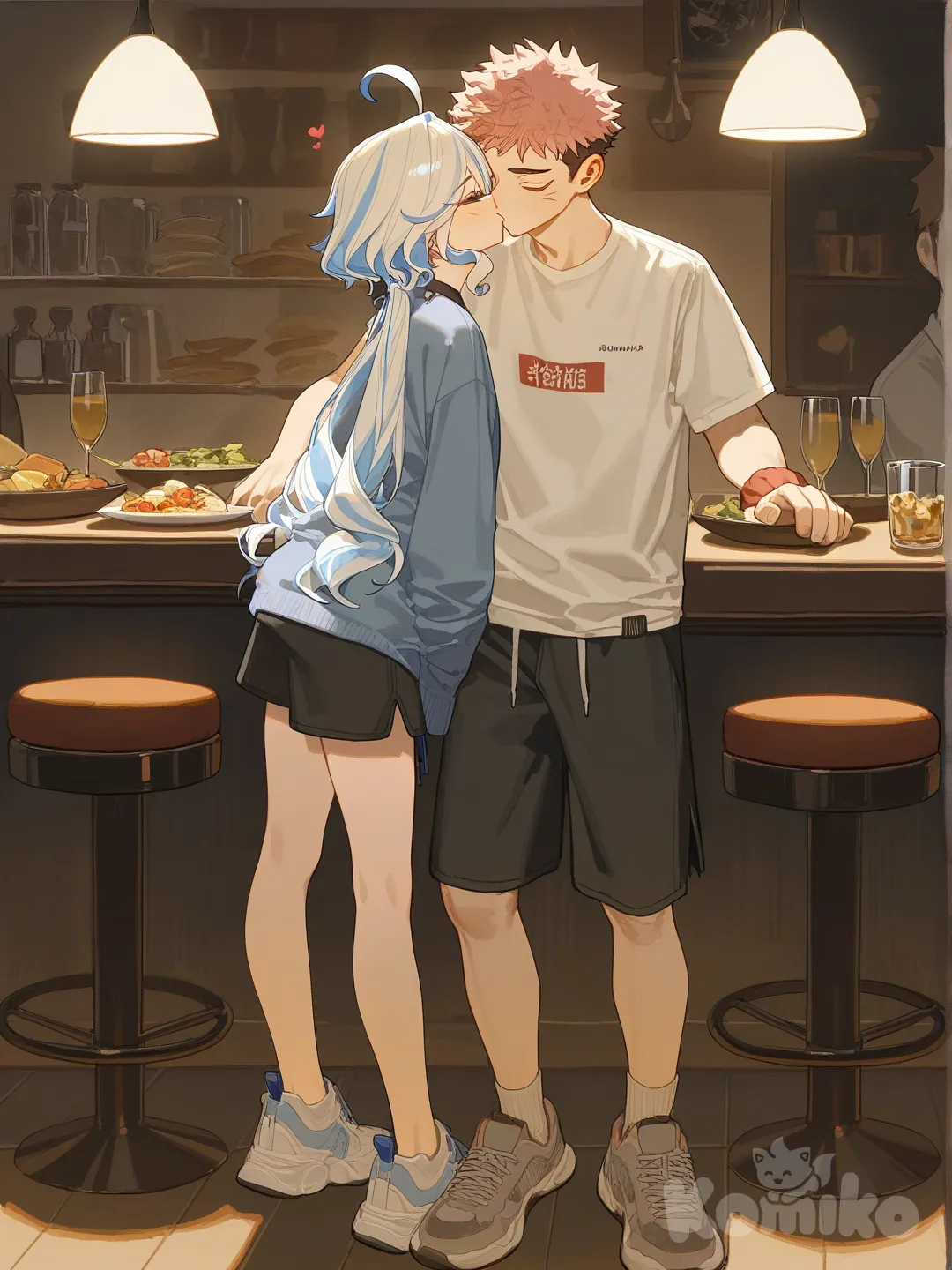 1boy, 1girl, 2people, Furina (Genshin Impact), Itadori Yuuji, [lacquered-illustration-style], t-shirt, full body, cinematic lighting, restaurant, kissing