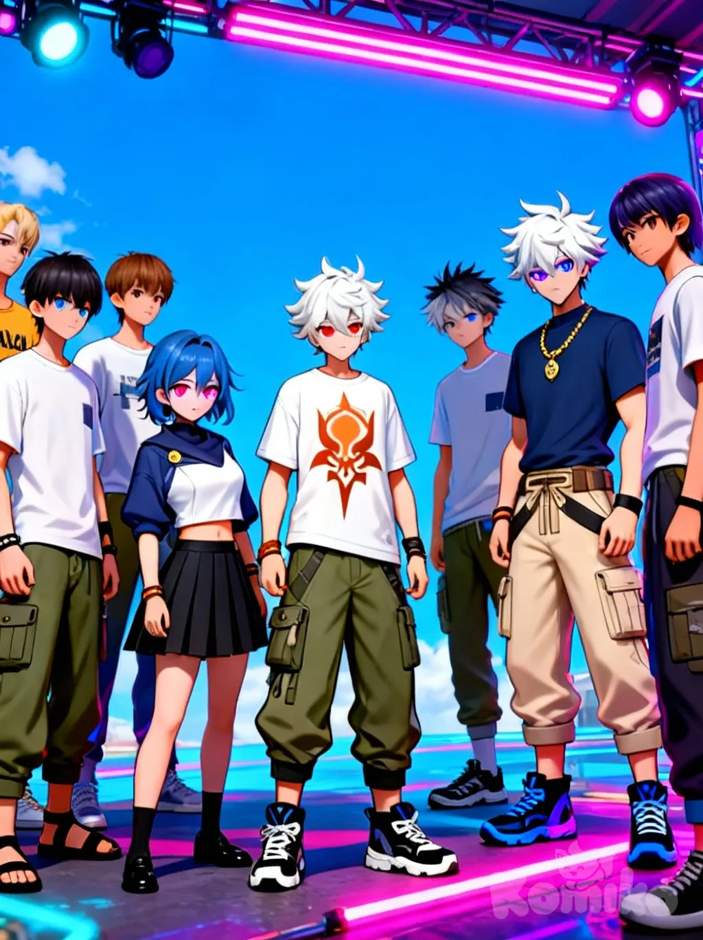 1boy, 1girl, 2people, 2boys, 2girls, <brown-black-FPjr>, <tanjiro-Jcvu>, <komiko-life-F4dm>, <shioma-Fahx>, Ganyu (Genshin Impact), neon lights, blue sky, Okkotsu Yuuta, Zen'In Maki, Yor Briar, cargo pants, t-shirt, vibrant color, retro style, anime coloring, anime screencap, 3d