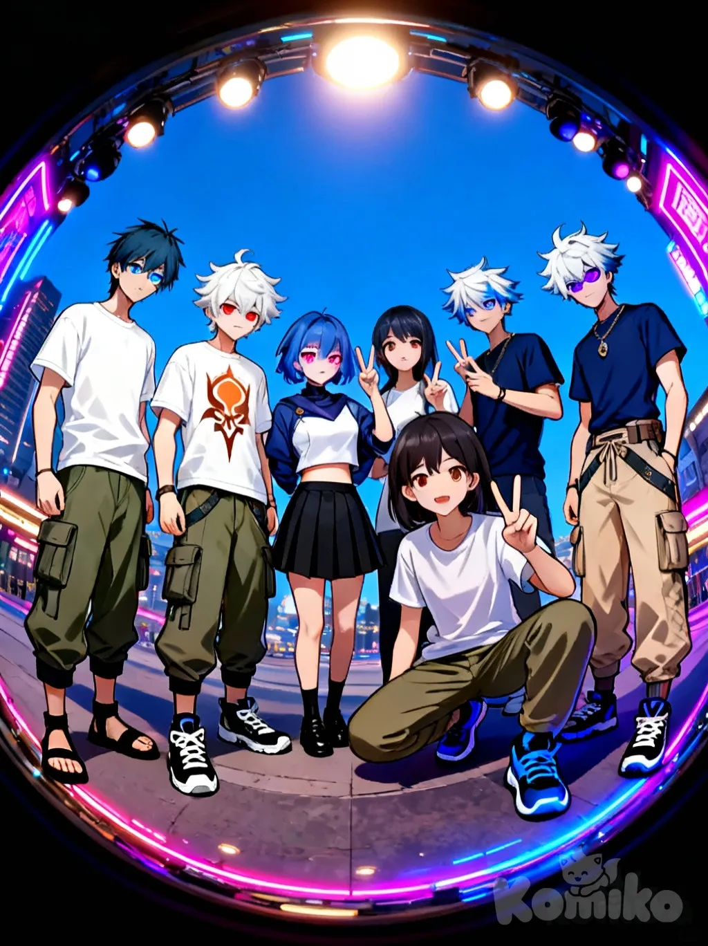 1boy, 1girl, 2people, 2boys, 2girls, <brown-black-FPjr>, <tanjiro-Jcvu>, <komiko-life-F4dm>, <shioma-Fahx>, Furina (Genshin Impact), Gojou Satoru, v sign, selfie, t-shirt, cargo pants, panoramic lens, full body, cinematic lighting, neon lights, top light, city lights, ambient light, blue sky