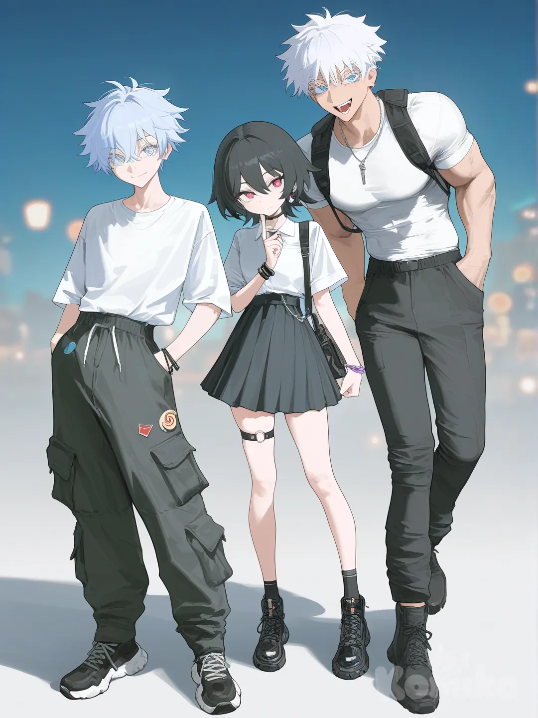 [vibrant-anime-style], @Aether_(Genshin_Impact), @Gojou_Satoru, evil smile, laughing, t-shirt, cargo pants, full body, upper body, cinematic lighting, city lights, blue sky, 1boy, 1girl, 2people, 2boys, @brown-black-FPjr, @tanjiro-Jcvu, @komiko-life-F4dm, @shioma-Fahx