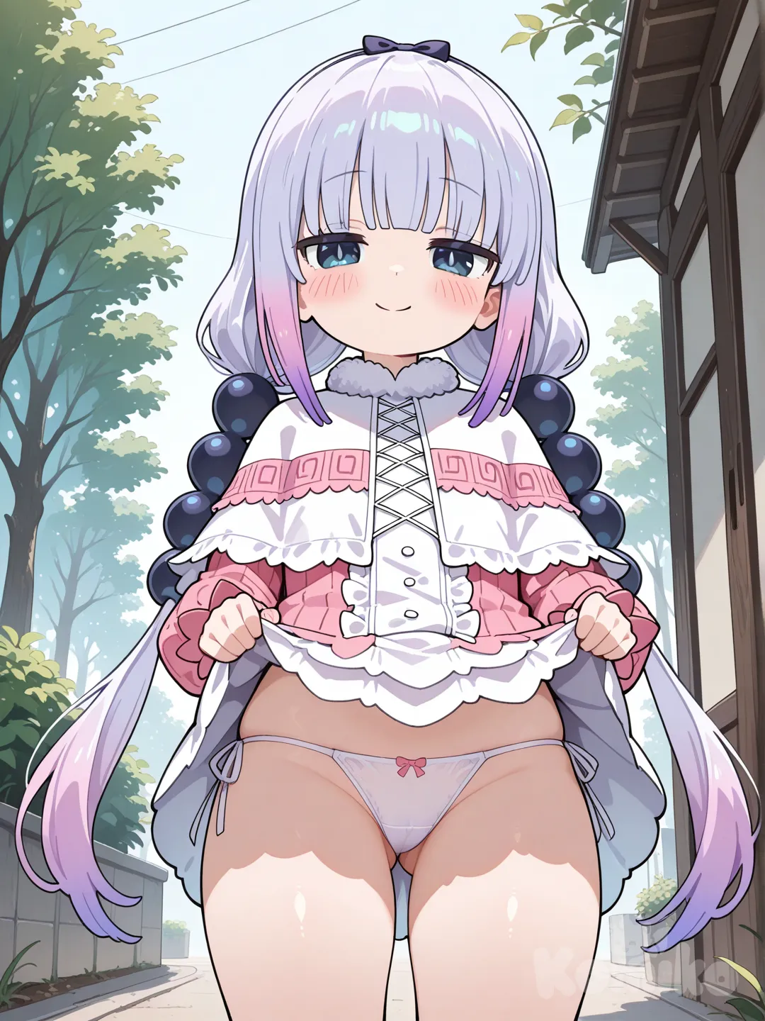 @Kanna_Kamui 1girl, solo, outdoors, lifted_by_self, skirt_lift, clothes_lift, loli, looking_at_viewer, underwear, white_shirt, panties, smile, side-tie_panties, day, blush, long_sleeves, white_panties, closed_mouth, black_eyes, hair_bow, bangs, bow, smug, standing, ass_visible_through_thighs