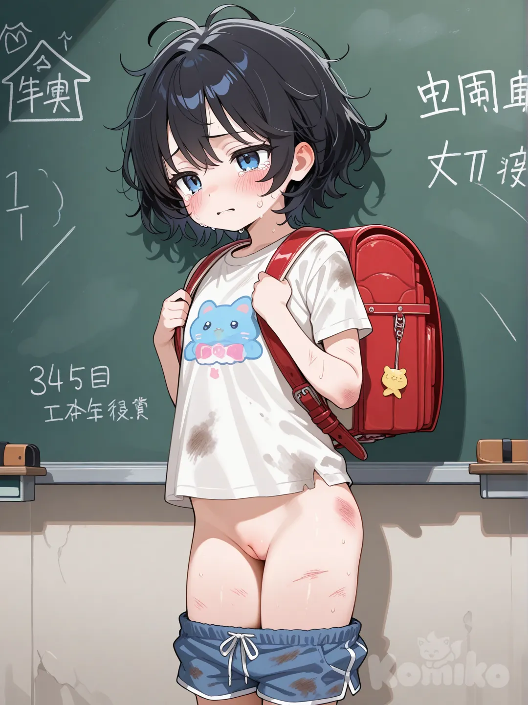 1girl, randoseru, backpack, pussy, bag, solo, loli, black_hair, cleft_of_venus, tears, short_hair, bruise, chalkboard, shorts, uncensored, messy_hair, blue_eyes, shirt, blush, clothes_pull, shorts_pull, no_panties, injury, dirty