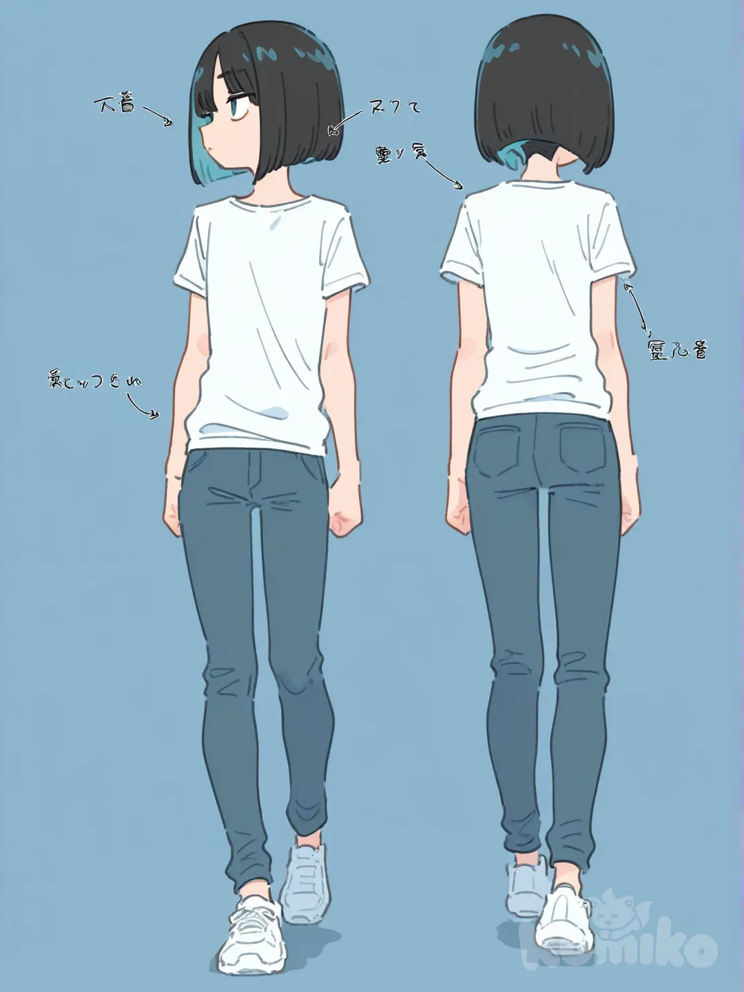 Bob hairstyle, male, femboy, reference sheet, [flat-pastel-style]