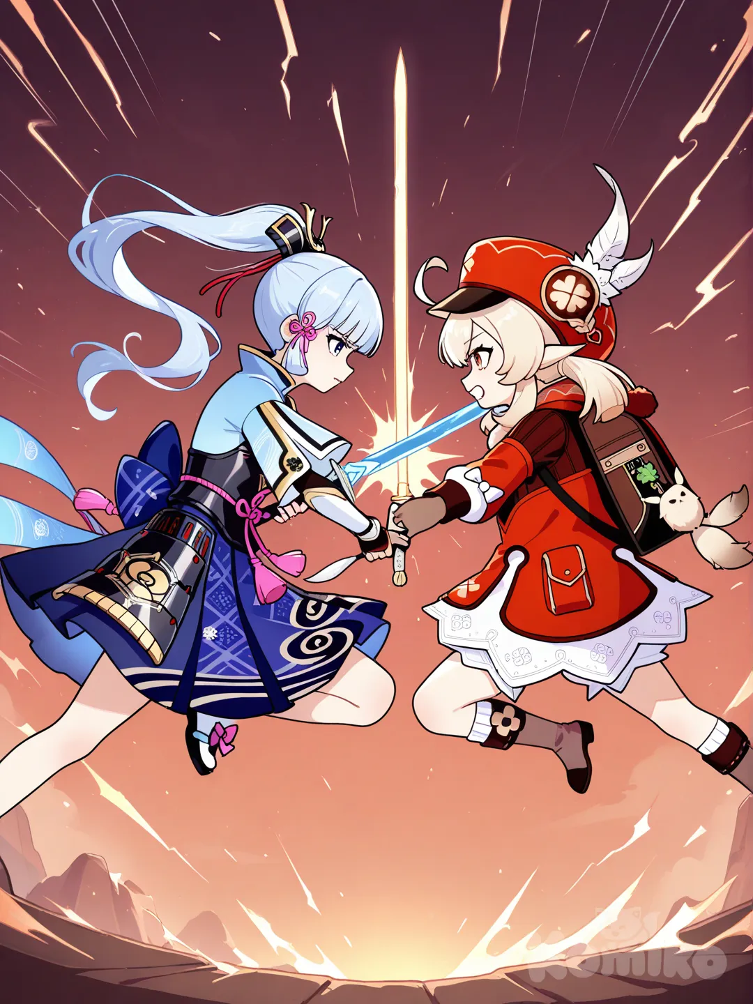 @Kamisato_Ayaka fighting swords with, @Klee_(Genshin_Impact)
