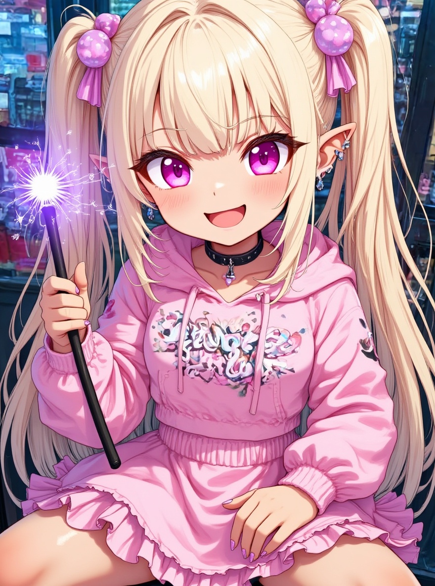 1girl, anime coloring, petite build, twin ponytails, vibrant pink eyes, layered frilly dress, glowing magical wand, joyful smile, satin ribbon bows, ethereal sparkles