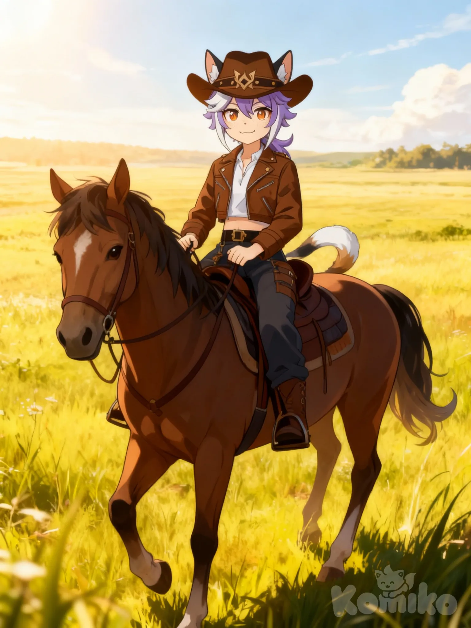 @jaz-jelC, smirk, smug, full body, looking at viewer, day, grassland, riding horse