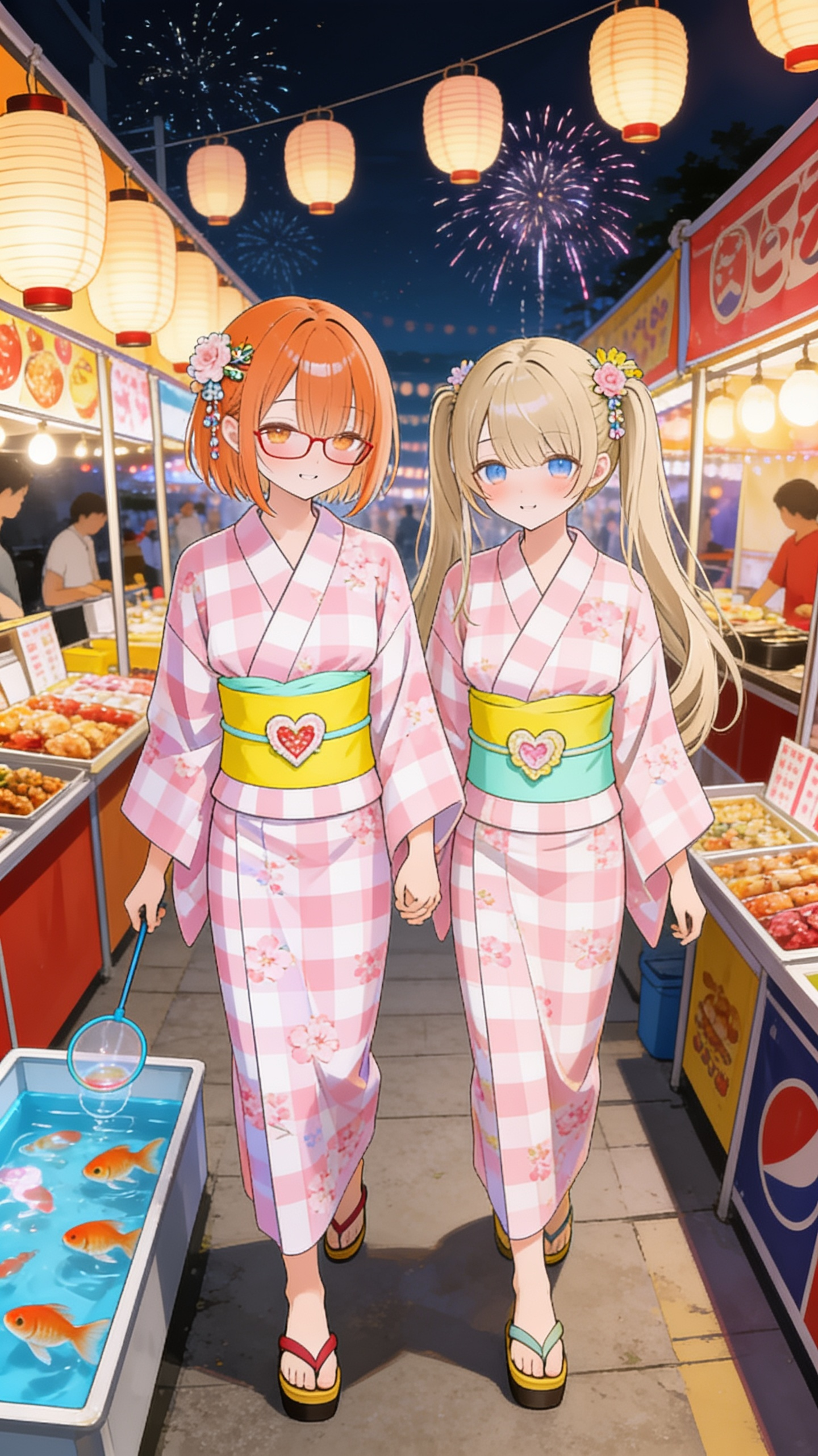 @hagisawa-nazukir-ztU1, @himori-sakurako-0w7B, vistiendo Yukata with a small check pattern (gingham) in pastel pink and white. Detail of flowers, the checkered design, small cherry blossoms superimposed in a very subtle way. Bright yellow or mint green Obi with a heart or flower shaped accessory in the center, Hiyori-geta, Furisode, Hair Flower, Hairpin, paper lanterns, food stalls, goldfish scooping, fireworks. a summer festival night out, caminando entre las los puestos, retro style