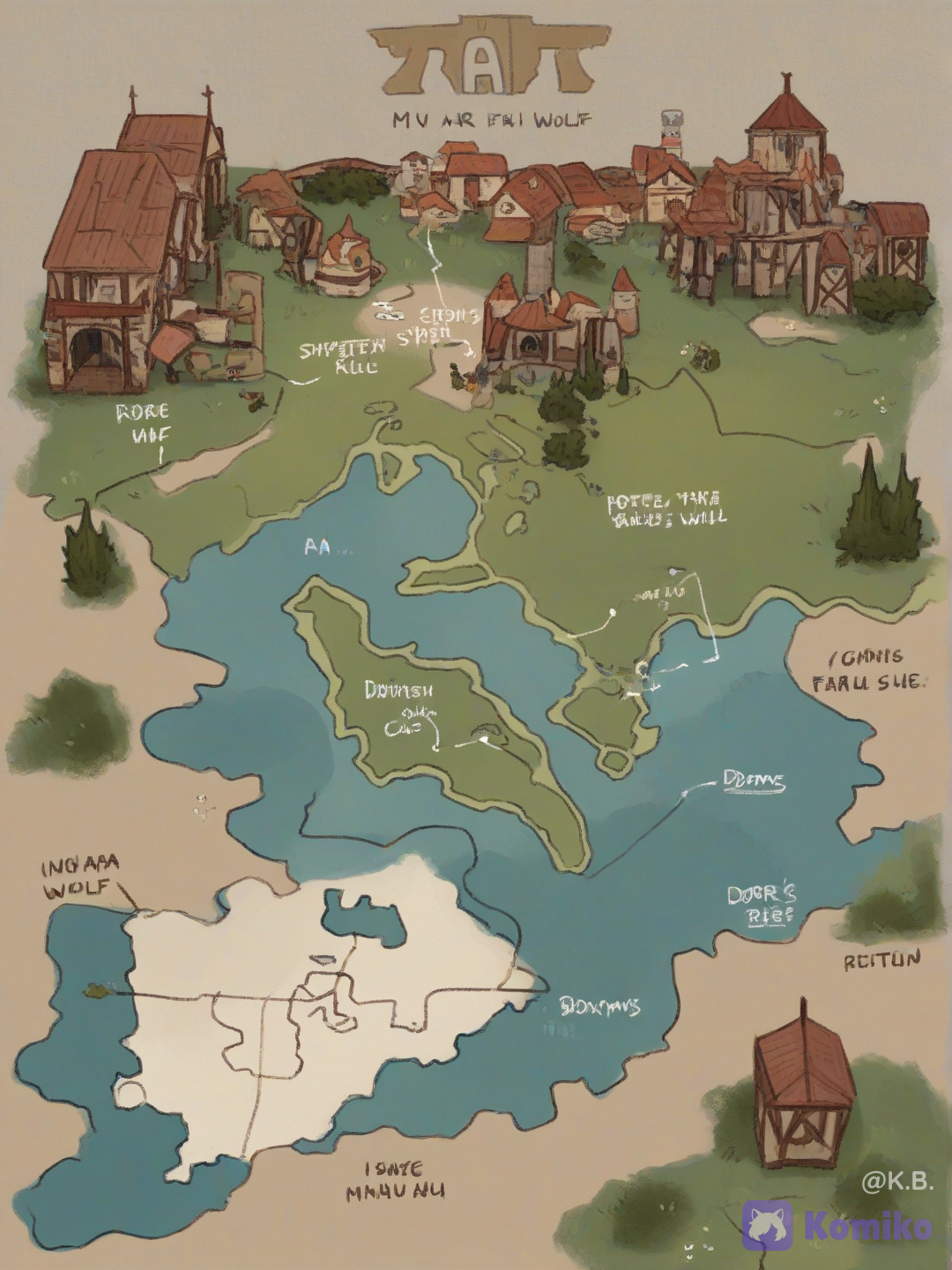 This is my MHA AU Fantasy DireWolf map.
((One the left side, The 1-A dorms, and then is the 1-A Dire Wolf stalls. Then is an open field, and then on he right side is the 1-B Dire Wolf stalls, and then behind that is the 1-B dorms.)), [soft-shaded-moe-style]
