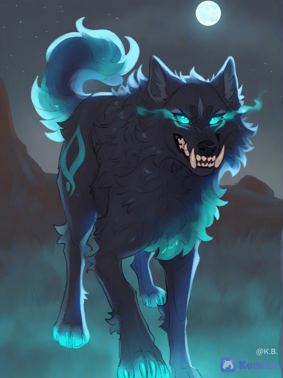 Black and Teal Massive Direwolf with Teal eyes., [soft-shaded-moe-style]