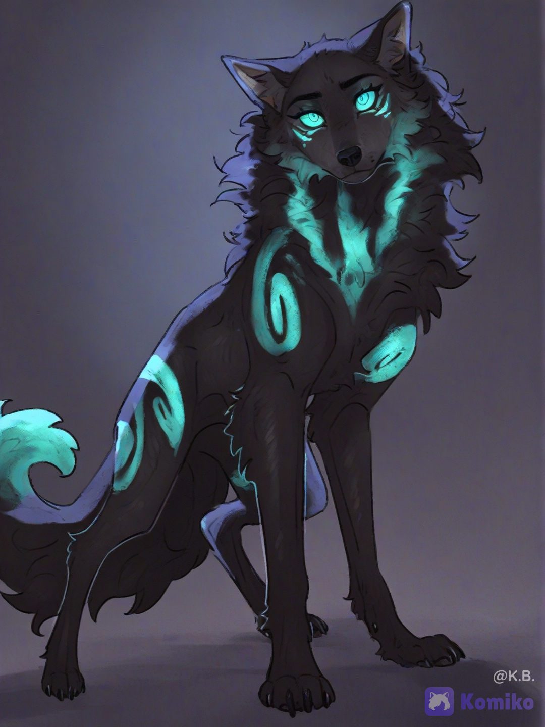Black and Teal Massive Direwolf with Teal eyes., [soft-shaded-moe-style]