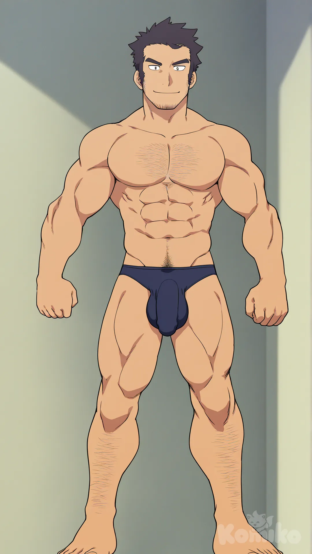muscular, hairy, hunk, bodybuilder, abs, masculine, bara, bulging muscles, thick thighs, broad shoulders, strong, dominant, virile, mature, rugged, body hair, beefy, macho, manly, toned, powerful, well-built, brawny, ripped, shredded, chiseled, defined, athletic, fit, handsome, attractive, black hair, Muscular anime man, striking heroic pose, highly defined musculature, ultra-anatomy, sharp anime linework, dynamic lighting, vibrant colors, dramatic shading, wind-swept hair, intricate textures on skin and clothing, cinematic depth of field, high-resolution, epic atmosphere, tsukudani (coke-buta), full body, smile, bedroom, swim briefs, masturbation through clothes, huge penis, no nude, [flat-anime-style]
