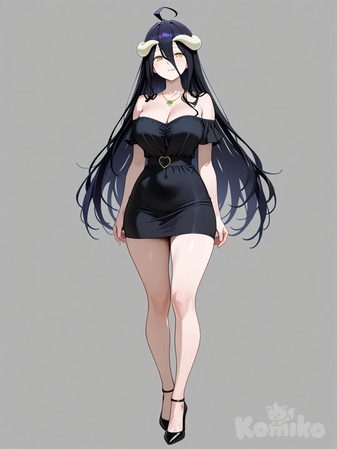 albedo (overlord), no wings, off-shoulder dress, high heels, short dress, extreme heels