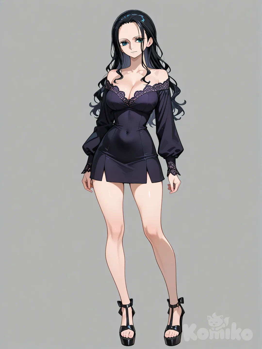 high heels, standing, platform sandals, off-shoulder dress, short dress, black shoes, long hair, wavy hair, ALICE, @Nico_Robin