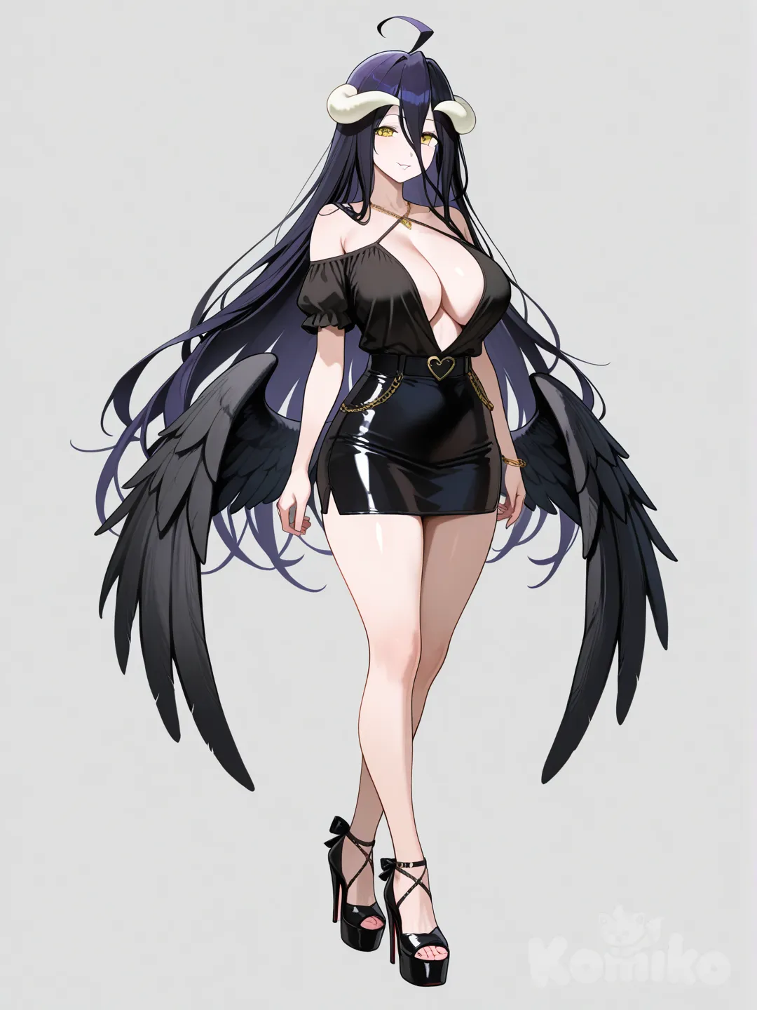 high heels, plunging neckline, miniskirt, full body, short sleeves, bare shoulders, platform heels, albedo (overlord)