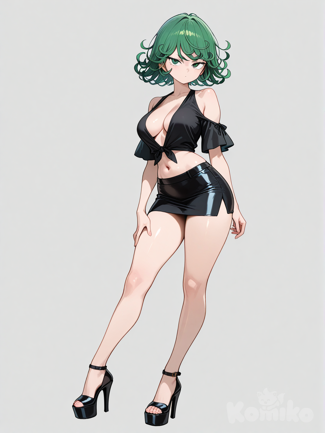 high heels, plunging neckline, miniskirt, full body, short sleeves, bare shoulders, platform heels, navel, Tatsumaki, large breasts