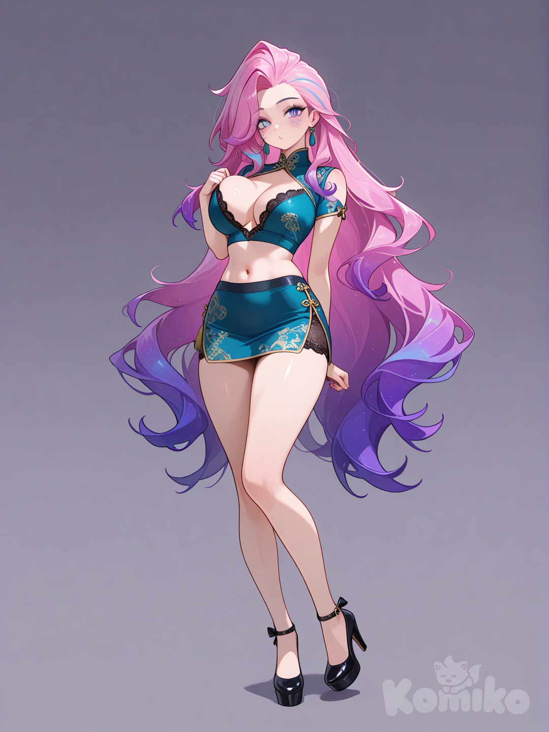 high heels, plunging neckline, miniskirt, full body, short sleeves, bare shoulders, platform heels, navel, lace-trimmed skirt, very long hair, chinese clothes, Seraphine (League Of Legends)