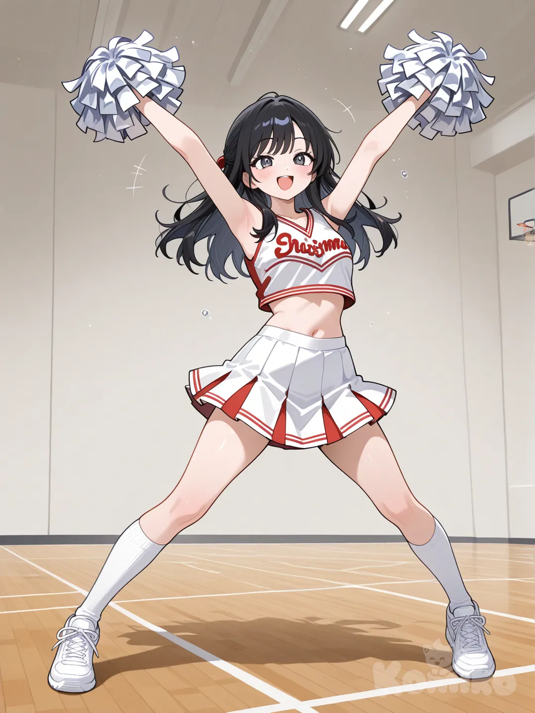 [glossy-anime-style], full body, day, cheerleader, pom pom (cheerleading), knee-high socks, gradient, in a gym, she looks like she’s having fun, standing, red and white pom pom matching with the outfit, black hair, arms are spread out wide so that it looks like shes cheering someone