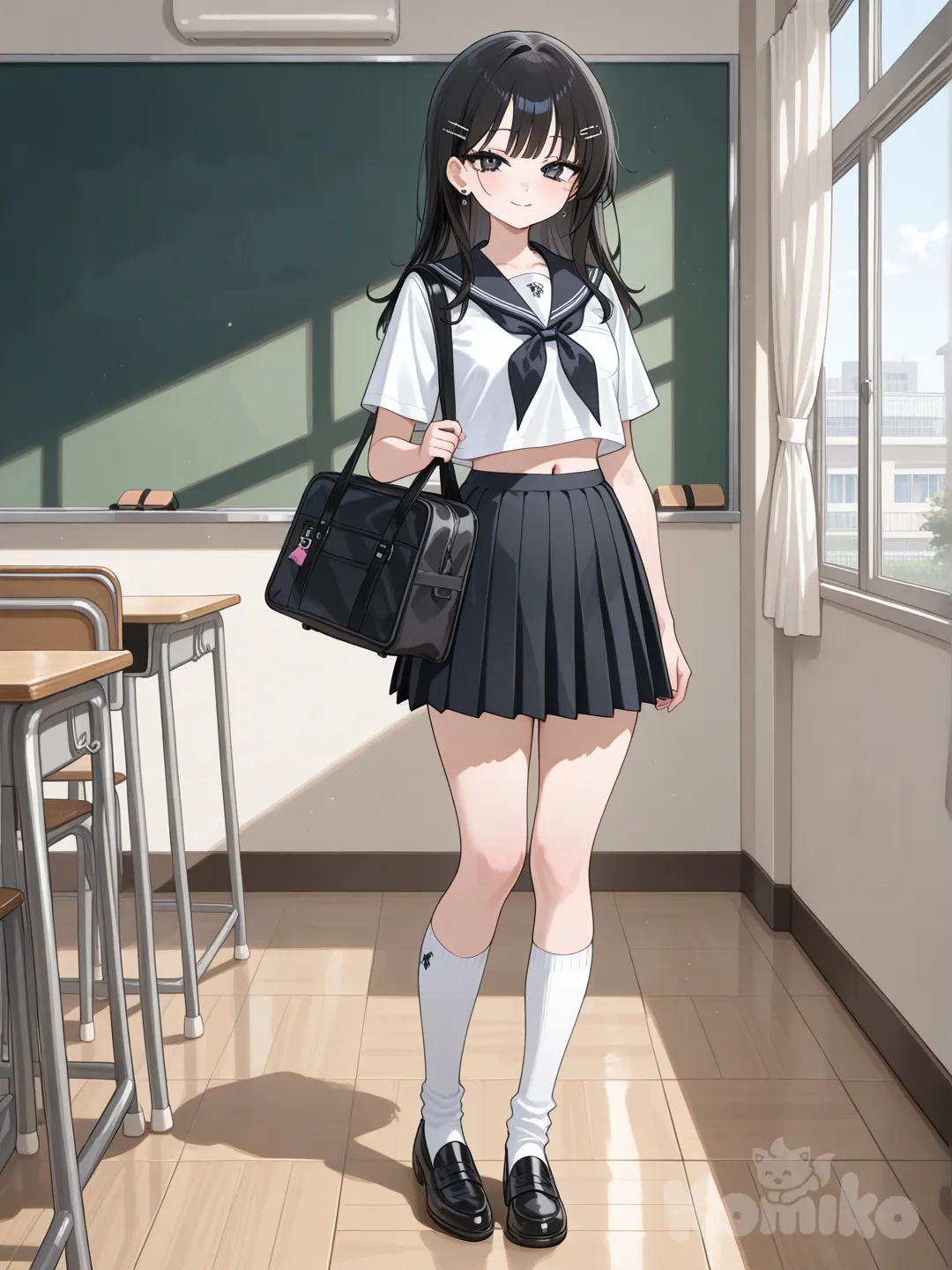 [glossy-anime-style], hairpin, hair accessory, earrings, knee-high socks, charcoal black, full body, day, in school, school bag, school uniform, short shirt so that Yahweh viewer can see her belly, standing tall, small smile