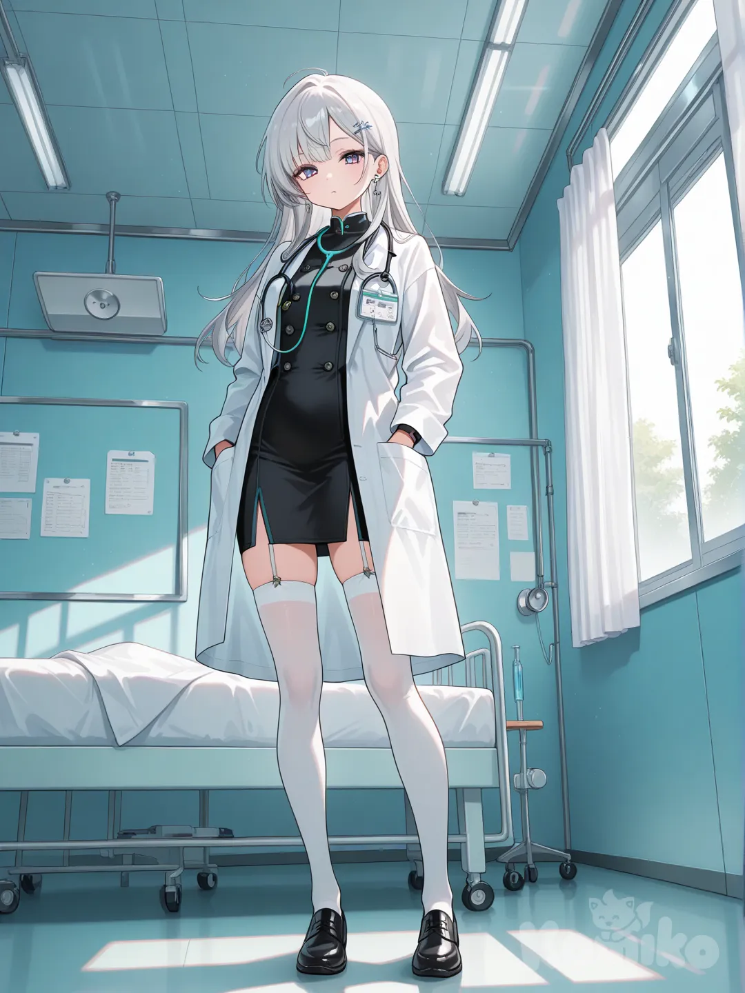 [glossy-anime-style], full body, day, doctor, hospital, hairpin, earrings, knee-high socks, silver hair, standing