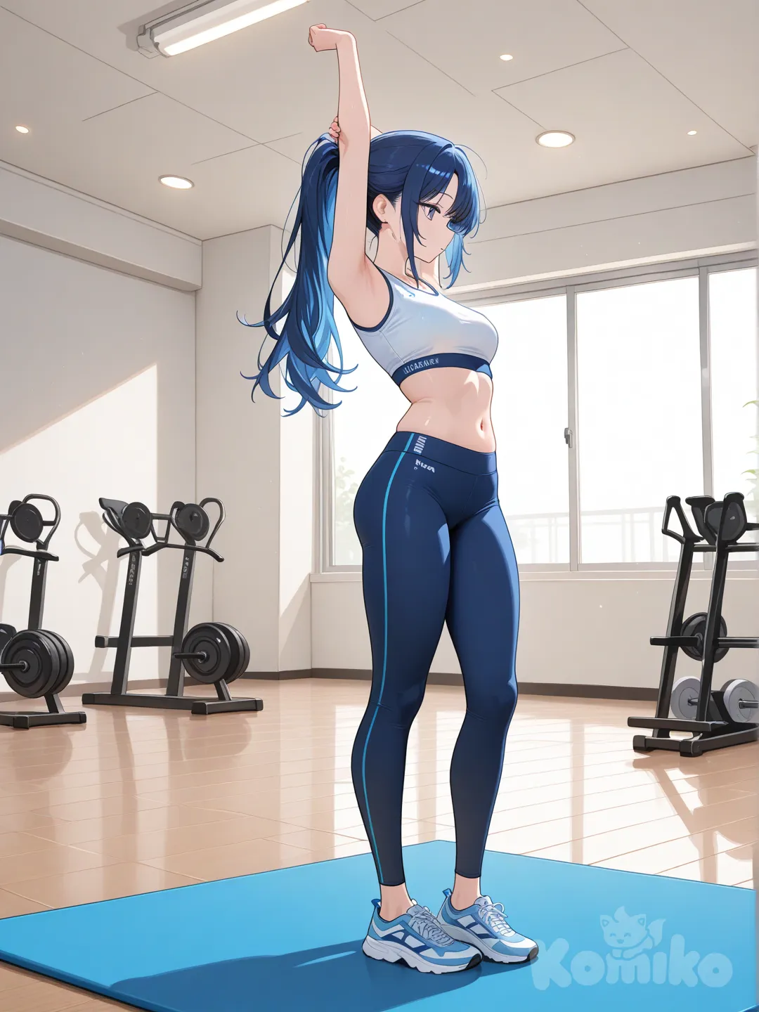 [glossy-anime-style], full body, day, yoga pants, yoga shirt, long hair, blue hair, stretching, on a blue yoga mat, gym, standing
