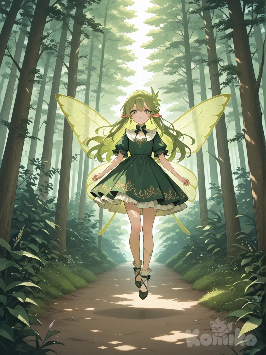 [glossy-anime-style], fairy wings, fairy, green hair, long hair, earrings, full body, day, forest, dress that matches her hair color, floating in the air using her wings, women but smaller form