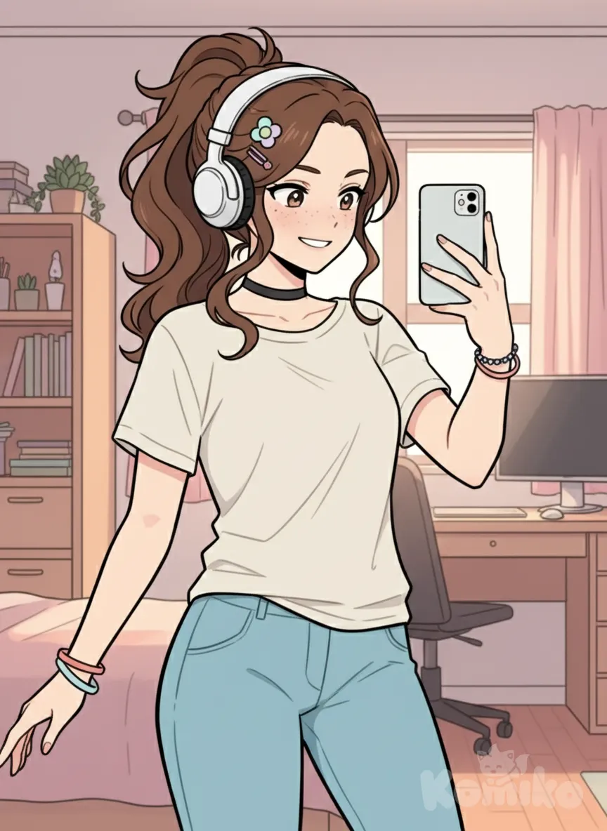 1girl, <rose-obmutosl-KvRA>, selfie, looking at phone, t-shirt, headshot, full body, capri pants, casual pants, studs, hairpin, choker, bracelet, headphones, side ponytail, ambient light in her room