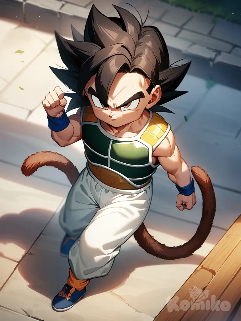 1 boy, Dragon Ball style, original character, child, athletic, black hair, long hair, brown eyes, fair skin, Saiyan armor, capri pants, monkey tail