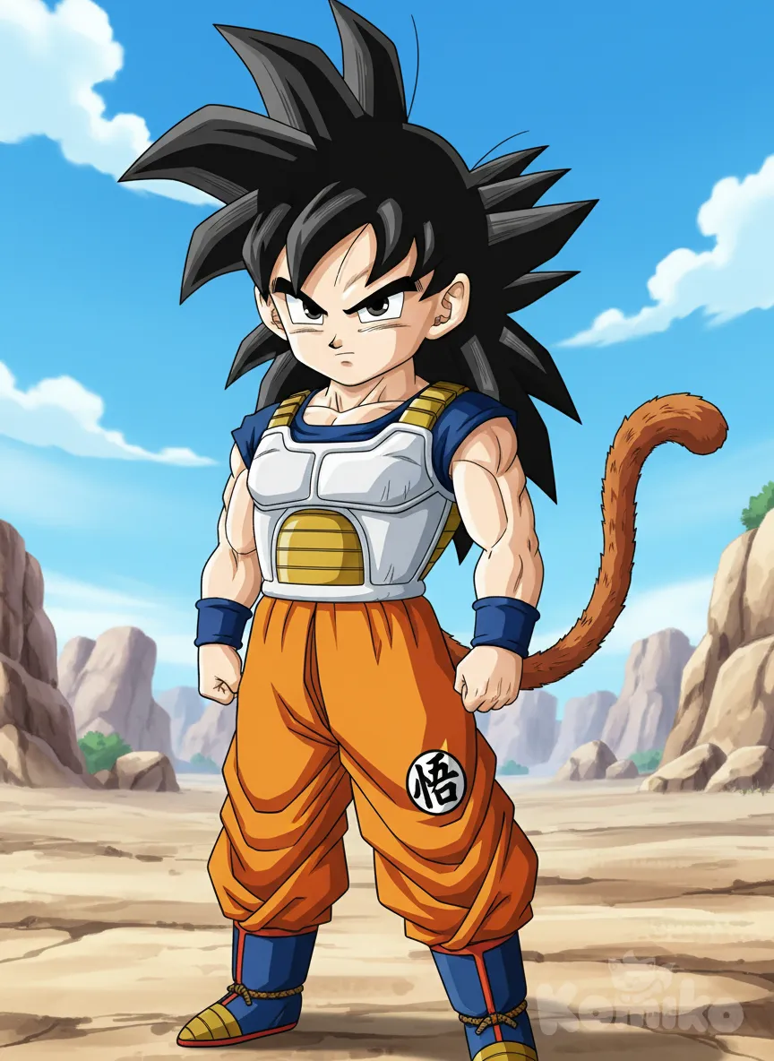 1 boy, Dragon Ball style, original character, child, athletic, black hair, long hair, brown eyes, fair skin, Saiyan armor, capri pants, monkey tail, anime style
