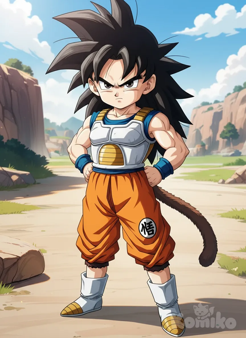 1 boy, Dragon Ball style, original character, child, athletic, black hair, long hair, brown eyes, fair skin, Saiyan armor, capri pants, monkey tail, anime style