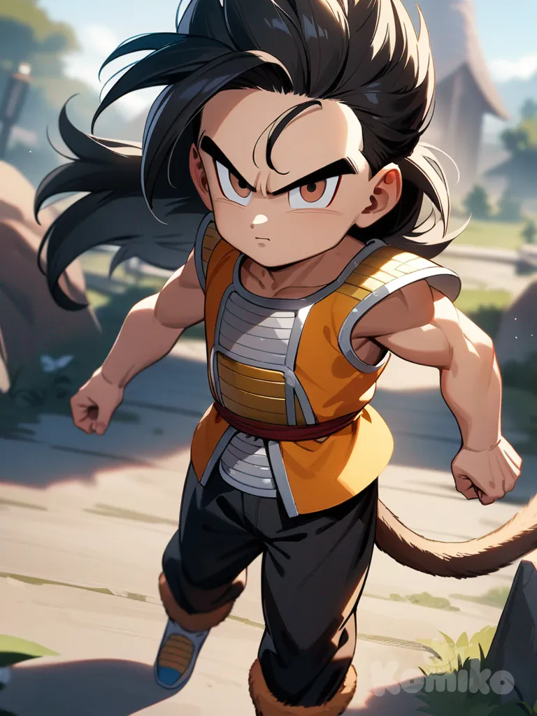 1 boy, Dragon Ball style, original character, child, athletic, black hair, long hair, brown eyes, fair skin, Saiyan armor, capri pants, monkey tail