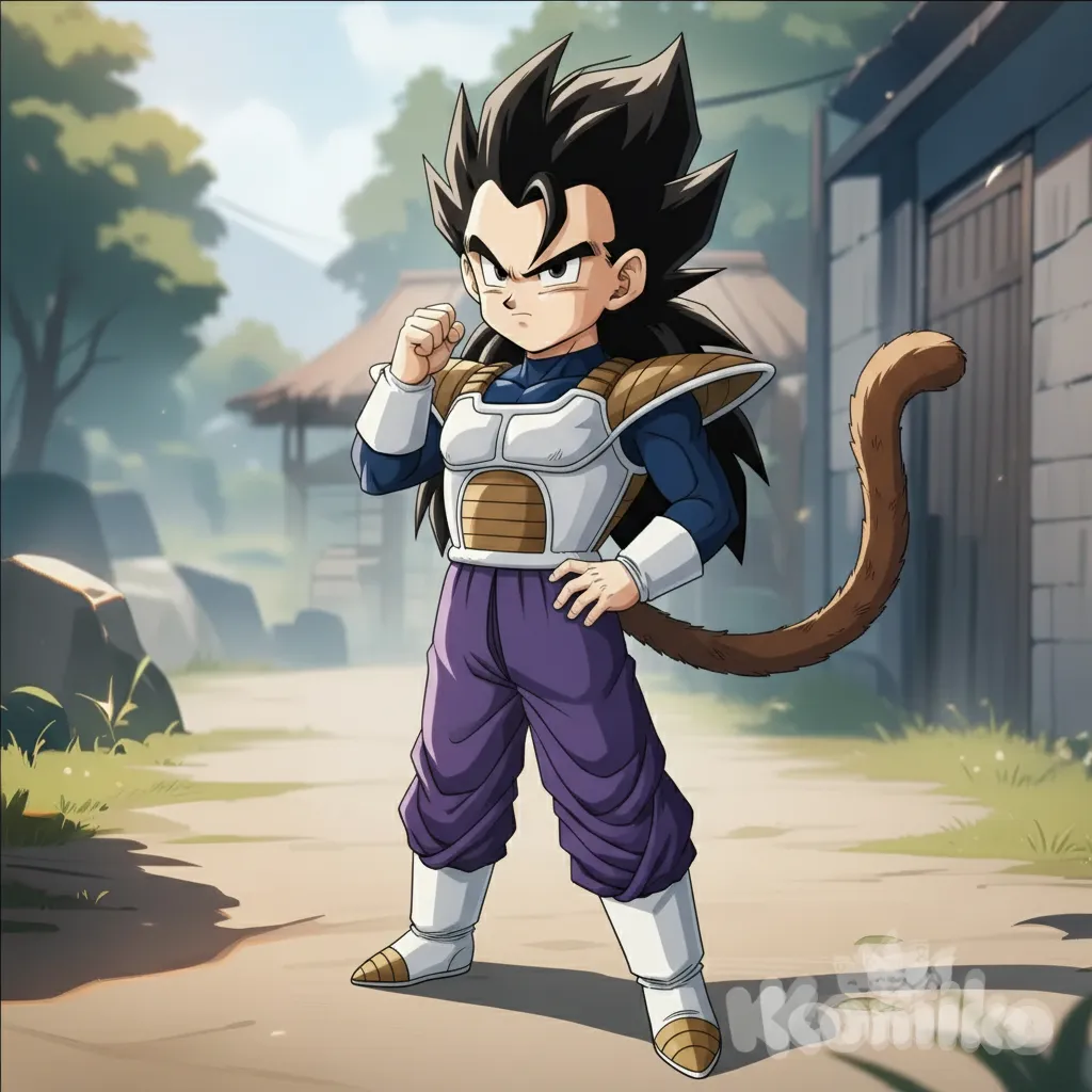 1 boy, Dragon Ball style, original character, child, athletic, black hair, long hair, brown eyes, fair skin, Saiyan armor, capri pants, monkey tail, anime style