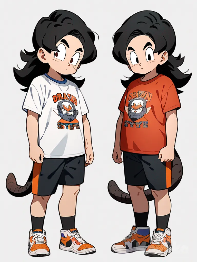 1boy, Dragon Ball style, original character, child, teenager, athletic, black long hair, brown eyes, fair skin, t-shirt, capri pants, tail, single character, full body, looking at viewer, anime style, simple background, white background