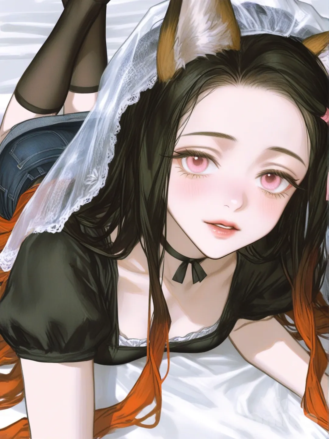 @Kamado_Nezuko, [semi-realistic-portrait-style], lie on stomache, t-shirt, denim skirt, little black dress, knee-high socks, fox ears, choker, wedding veil