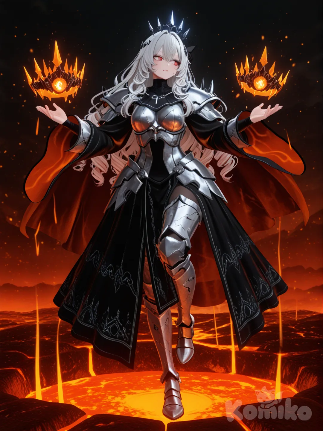1girl, Elyra Vesperine is a 30 years old supreme queen with long silver hair and a radiant aura, adult sexy woman, supreme presence, determined and calm facial expression, looking at the hellish horizon. She is wearing a red-hot astral robe made of ethereal floating fabric, partially melted silver light armor with glowing runic patterns, cracked floating crystal crown, aether shards swirling around her. She is standing on a hot volcanic rocky headland in Abyssal Hells, one leg forward, arms outstretched channeling energy. Background is scorching red fog, fissured volcanic rock, river of lava, distorted shadows, obsidian portals, pulsating hellish light, cracked demonic statues, swirling black skies, oppressive atmosphere, 3d anime style, ultra-realistic, [3d-anime-style]