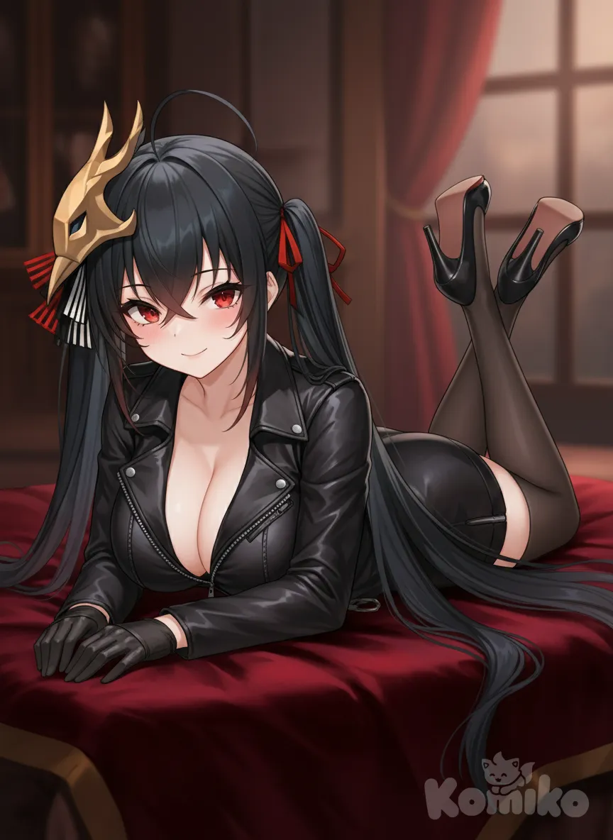 @Taihou_(Azur_Lane), lie on stomach, leather jacket