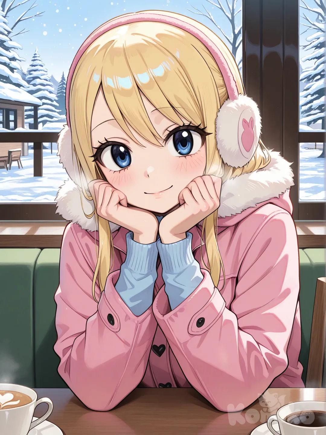 Create an image of Lucy Heartfilia sitting in a cafee looking directly at the camera with soft gentle smile at the cold winter, as she wear a pink jacket and pink earmuffs
