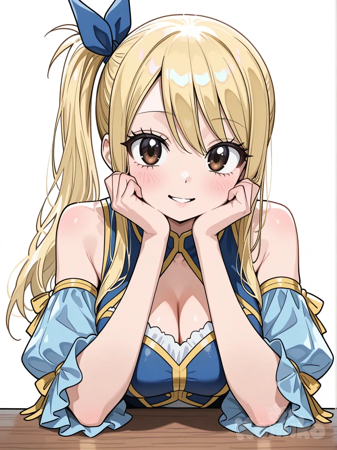The image is a two-dimensional artwork presented on a stark, empty white background that isolates the subject completely. The medium appears to be a digital colored sketch, characterized by loose, energetic pencil-like outlines rather than polished, rigid inking. The central focus of the piece is the upper body of a young, female anime character who is depicted leaning forward over a horizontal, roughly sketched brown surface that suggests a wooden table. The woman is Lucy Heartfilia.

Lucy most striking features are her large, oversized eyes, which are colored a deep, warm brown and contain bright white highlights that make them appear glossy and expressive. She is looking directly forward, establishing eye contact with the viewer, while her small mouth is slightly parted in a gentle, inviting smile. Her hair is a light blonde color, falling straight and long past her shoulders, with bangs covering her forehead and a signature ponytail gathered on her right side.

Her posture is casual and intimate; she rests her elbows on the table while bringing both hands up to touch her face. Her fingers are slightly curled, gently grazing her cheeks and the strands of her hair in a pose that feels cute and attentive. She is dressed in a fantasy-style outfit consisting of a periwinkle blue bodice with a white center and a gold trim highlighting the neckline. On her arms, she wears detached blue sleeves that feature voluminous white frills and ribbon accents around the biceps.

The lighting in the illustration is rendered with soft, painterly strokes, showing bright highlights on the crown of her head and shoulders to indicate a light source from above. The colors are somewhat muted, resembling a watercolor or marker application.