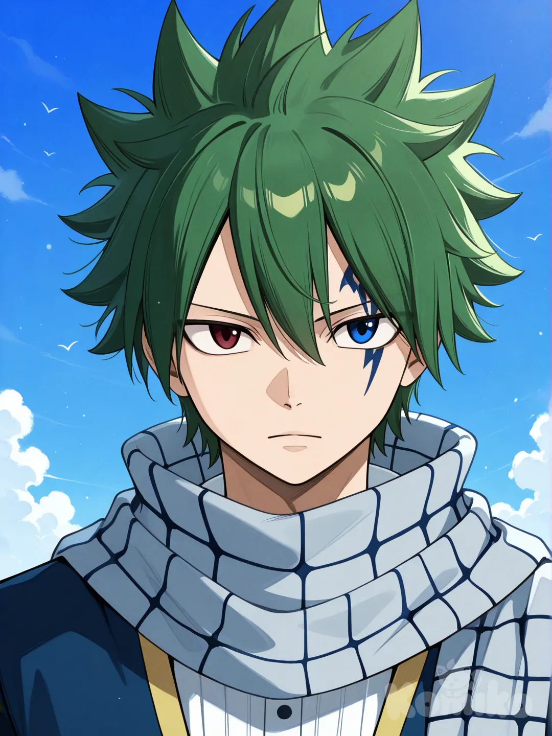 An image of anime boy with spikey green hair, mismatched eyes (left red, right blue), wearing a gray scarf and his face is emotionless. He's a new member at Fairy Tail.