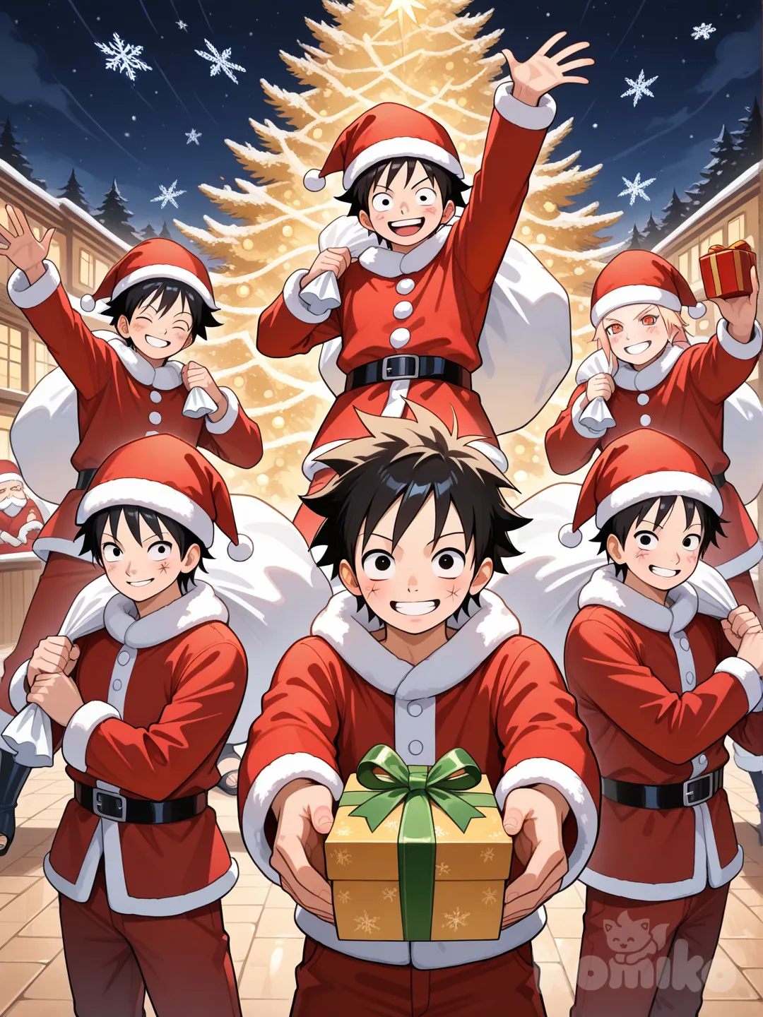 Goku, Luffy, Naruto and Natsu in Santa clothes spreading gifts at christians night
