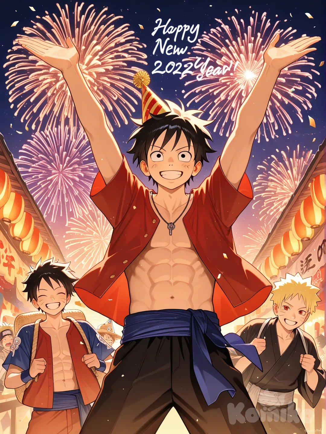 Goku, Luffy, Naruto and Natsu celebrating the new year