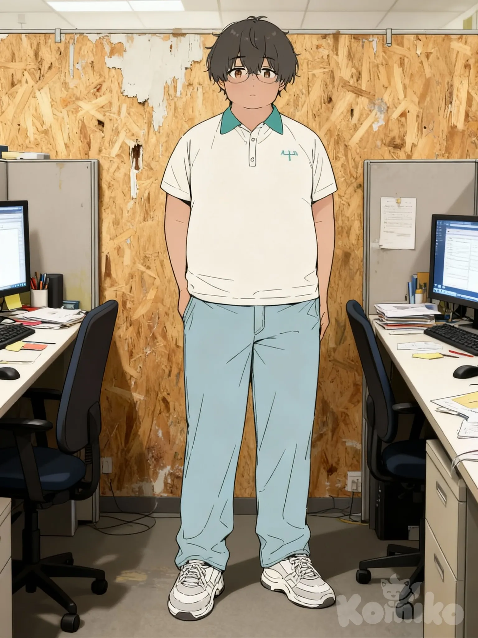 @jag-xqQh, is standing in a office cubicle with plywood paneling.