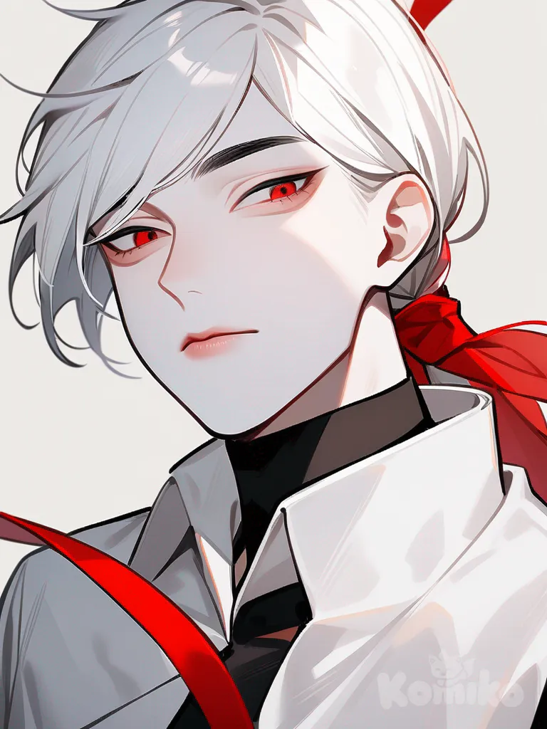 1boy, long straight white hair with occasional black stripes, hair tied with a ribbon at neck level, waist-length hair, narrow eyes of different colors – one crimson red, the other black, medium nose without a bump, small nostrils, lips not full, red not contrasting much with skin, face slightly pointed towards chin, non-prominent pale black eyebrows, small forehead, pointed small ears, slightly built body, wearing a long black coat reaching the ground with a white hood, wearing red fingerless gloves, medium-length fingers, not elongated arms, snowy-green skin, bare feet, dark blue-red pants, vampire, athletic build, голый торс, raincoat, earring in right ear shaped like a black drop, single character, full body, looking at viewer, anime style, simple background, white background