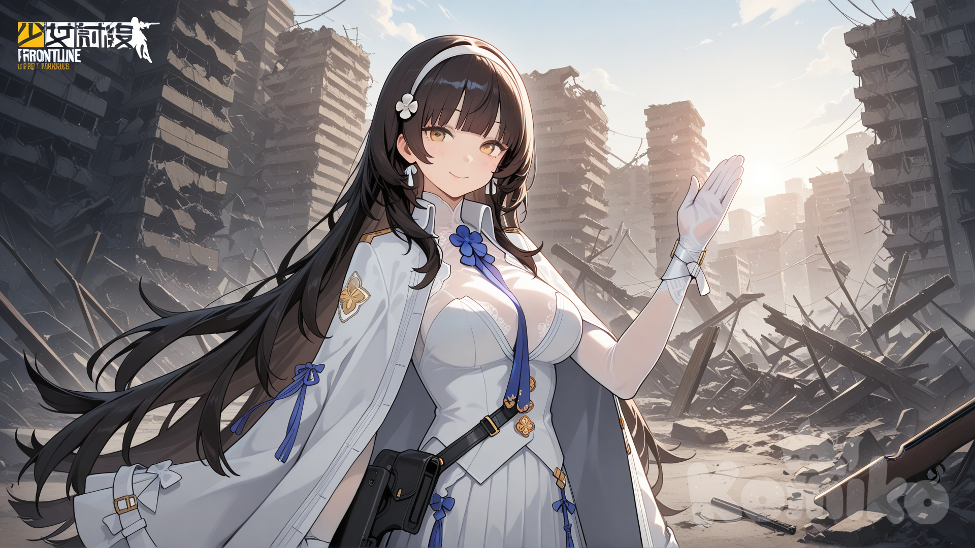 Type_95_(Girls'_Frontline), holding gun, high five, smile, suit, ivory white, ruins, day