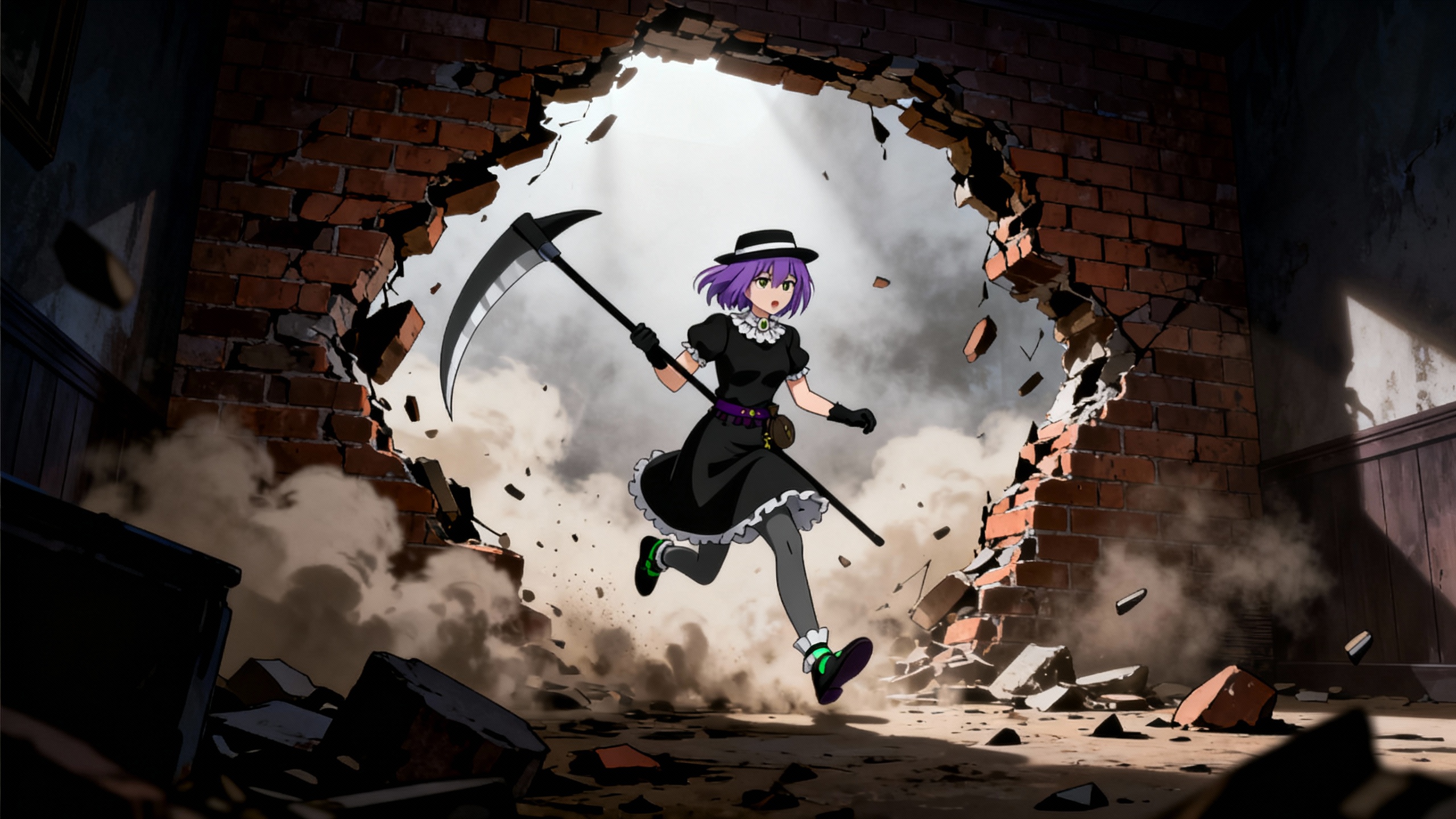 @maytradalis-aU2W Running through Massive hole in brick wall, distant shot, scythe in hand. Dust and rubble everywhere, anime style, webcomic, hole has foggy light coming through, room has dark corners, [pop-anime-style]