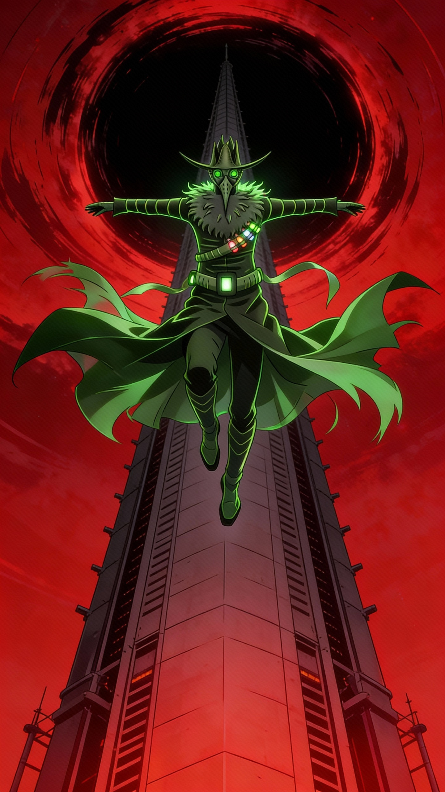 @the-lurker-v1-nGdw, ontop of a spire standing firm upright, blackhole behind him, has a green glowing hue, ambient lighting is red, gothic scifi, anime style, non human, cinematic angle from bottom, jumping down, trench coat flapping in wind as hea falling towards camera, [pop-anime-style]