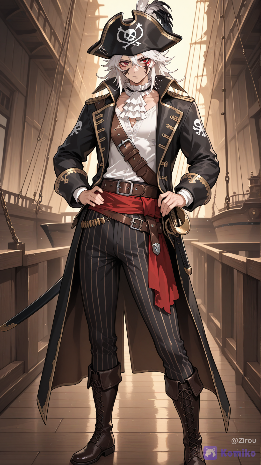 A highly illustration of a human man dressed as a classic Caribbean pirate, standing in a confident, swashbuckling pose with one hand resting on the hilt of a cutlass and the other gesturing dramatically. He has short, spiky white hair, intense red eyes, and subtle bluish face paint accents. The character possesses a lithe, athletic physique reminiscent of a lightweight boxer — toned muscles, slender waist, and well-conditioned limbs. Pirate attire inspired by the Golden Age of Caribbean piracy: a weathered tricorn hat with a feather, an open dark leather coat over a loose white shirt with ruffled cuffs, a red sash around the waist, striped or plain trousers tucked into tall leather boots, a bandolier with pistols, and a cutlass at the hip. Optional eye patch or gold earring for flair. Dramatic lighting with a sense of adventure, slightly weathered and textured fabrics, high-detail digital illustration style, sharp focus, rich colors, cinematic composition.