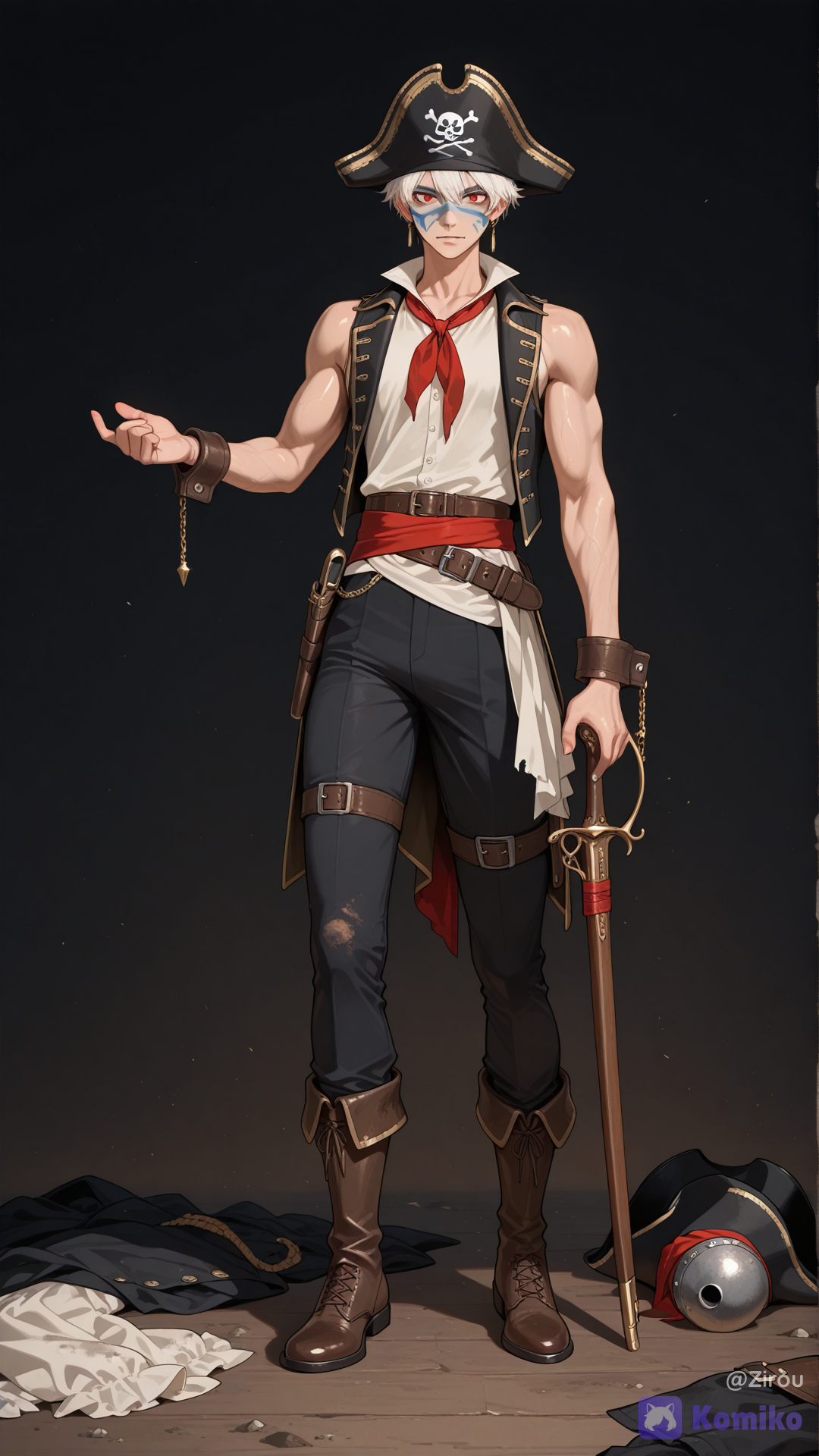 A highly illustration of a human man dressed as a historically accurate Golden Age of Piracy (late 17th to early 18th century) Caribbean pirate, standing in a confident, swashbuckling pose with one hand resting on the hilt of a cutlass and the other gesturing dramatically. He has short, spiky white hair, intense red eyes, and subtle bluish face paint accents. The character possesses a lithe, athletic physique reminiscent of a lightweight boxer — toned muscles, slender waist, and well-conditioned limbs. Historically accurate pirate attire of the period: a weathered black or dark brown tricorn hat, a loose dirty-white linen shirt with open collar and simple cuffs, a short dark waistcoat or sleeveless jerkin, knee-length breeches, woolen stockings, and low leather shoes or short boots. A broad sash or leather belt around the waist holds a cutlass and a pair of flintlock pistols. Optional simple neckerchief or headscarf under the hat, and a gold earring. Fabrics appear practical, worn, and slightly soiled from sea life. Dramatic lighting with a sense of adventure, high-detail digital illustration style, sharp focus, rich but realistic colors, cinematic composition.
